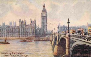 Houses of Parliament Westminster Bridge London England UK 1910c Tuck postcard