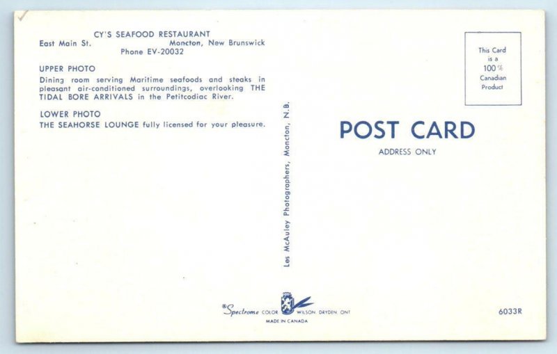 MONCTON, New Brunswick Canada ~ CY'S SEAFOOD RESTAURANT Seahorse Lounge Postcard