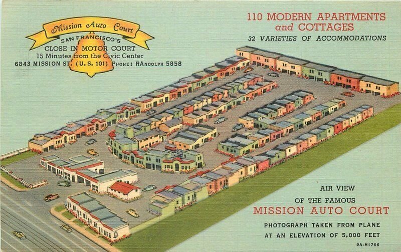 Birdseye 1940s Mission Auto Court San Francisco California Postcard Teich 6147