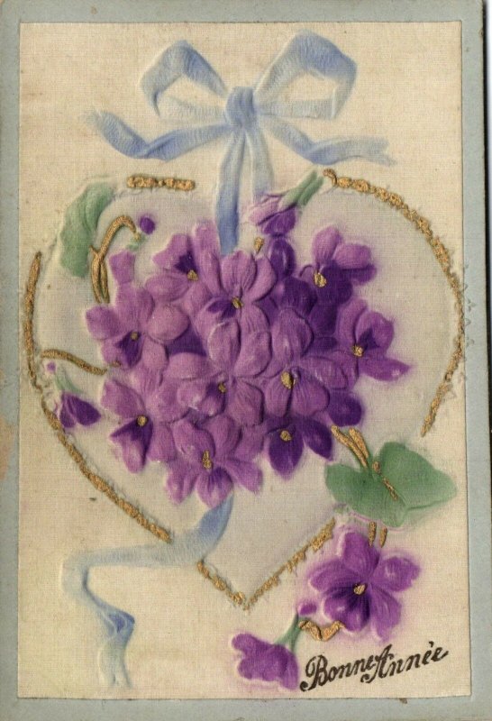 PC CPA WOVEN SILK, HEART WITH FLOWERS AND TIE, VINTAGE SILK POSTCARD (b15099)