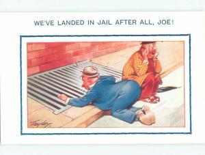 Unused Bamforth comic DRUNK MAN MISTAKES SIDEWALK GRATE FOR JAIL BARS k7991@