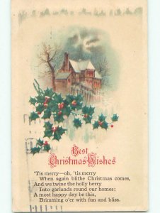 Pre-Linen christmas SNOW-COVERED HOUSE WITH HOLLY k0982