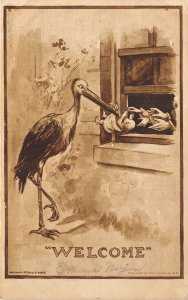 Welcome 1909 Greetings Postcard Stork Hands Baby Window Parents