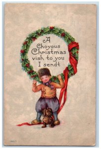 c1910's Christmas Dutch Boy And Daschund Dog Whreat Posted Antique Postcard 