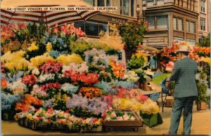 Vtg 1940s Street Flower Vendors San Francisco California CA Linen Postcard