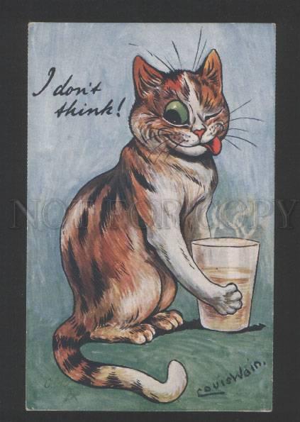 119814 Smiling CAT w/ Glass by Louis WAIN vintage TUCK 8614 PC