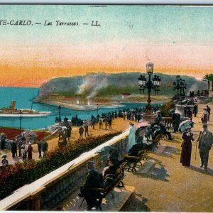 c1910s Monte Carlo, Monaco Terraces Sea View Steamship Promenade Crowd A357