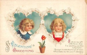 St Valentines Greeting Children Heart Portrait Antique Postcard KK1936