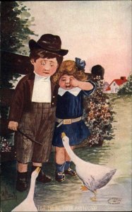 A/S C.A. Beaty Geese Attack Little Boy and Girl Children c1910 Vintage Postcard