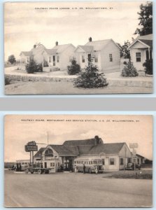 2 Postcards WILLIAMSTOWN, KY ~ Roadside HALFWAY HOUSE Cabins Gas Station 1940s