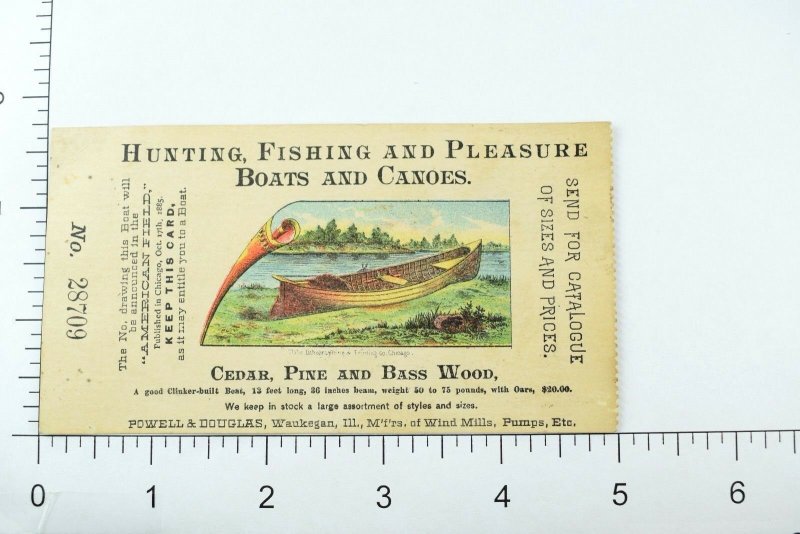 1870's-80's Canoe Giveaway Ticket Maker Powell & Douglas Trade Card P64