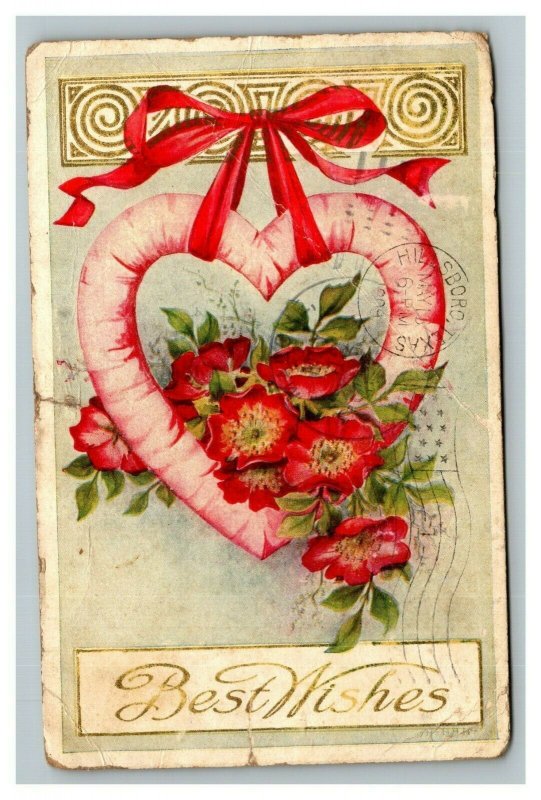 Vintage 1910's Postcard Best Wishes Heart and Flowers