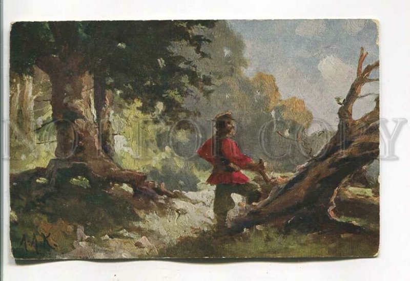 485381 Russian landscapes lumberjack in a red shirt in forest artist L.L.K