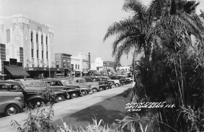 Daytona Beach FL Beach Street Storefronts Old Cars Real Photo Postcard