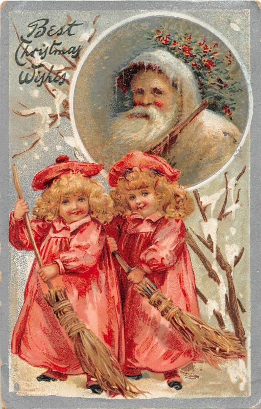 F25/ Santa Claus Merry Christmas Postcard 1908 Brown Suit Girls Brooms 15