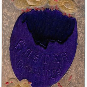 c1910s Easter Greetings RARE Purple Silk Cracked Egg Heavy Embossed Postcard A86