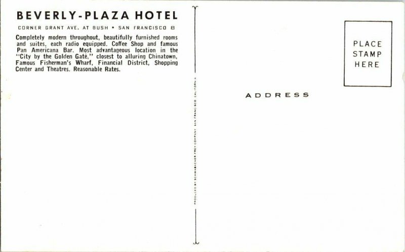 Beverly - Plaza Hotel San Francisco Calif. Vintage Postcard Standard View Card