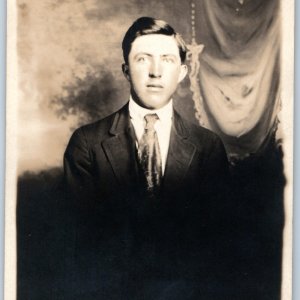 ID'd c1910s Harry Weiking RPPC Postcard Young Man Suit Tie Studio Photo Portrait