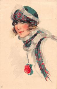 Lady in Green and Red Hat and Scarf Antique Postcard J66741