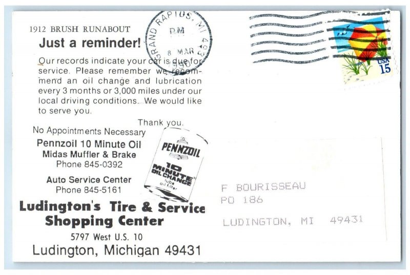1990 1912 Brush Runabout Ludington Tire Service Shopping Center Vintage Postcard