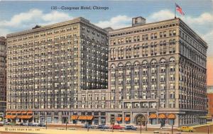 Chicago Illinois~Congress Hotel~Lots of Cars in Street~1940s Linen Postcard