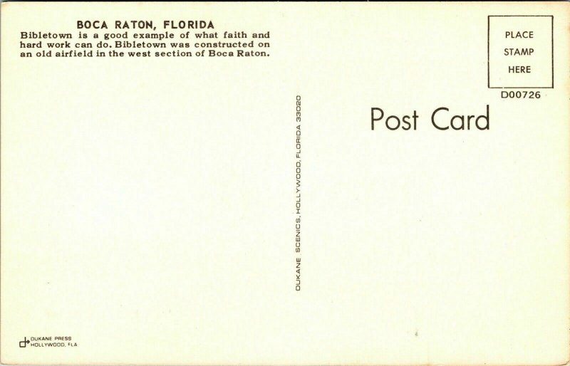 Boca Raton Florida FL Bibletown Postcard Dukane VTG UNP Vintage Unused Chrome 