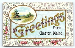 GREETINGS From CHESTER, ME Maine ~ Rose Border ~ Embossed c1910s Postcard