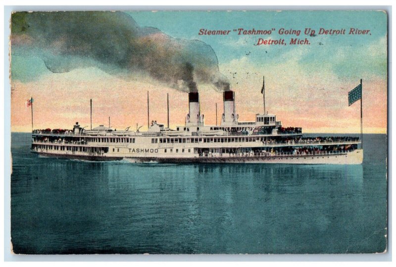 1917 Steamer Ship Tashmoo Going Up Detroit River MI Antique Posted Postcard