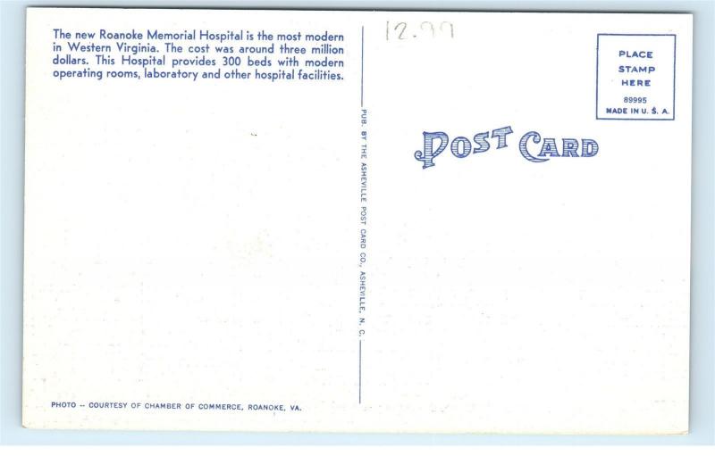 *New Roanoke Memorial Hospital Roanoke West Virginia VA Vintage Postcard C10