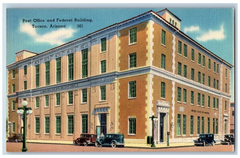 Tucson Arizona Postcard Post Office Federal Building Road c1940 Vintage Antique