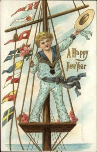 Little Boy Sailor on Ship Rigging EMBOSSED c1910 Postcard