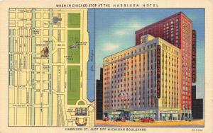 Chicago Illinois~Harrison Hotel & Restaurant~Map~1949 Postcard