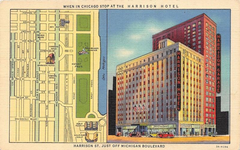Chicago Illinois~Harrison Hotel & Restaurant~Map~1949 Postcard