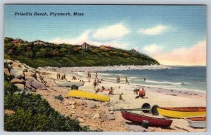 Bathers And Boats, Priscilla Beach, Plymouth, Massachusetts, 1963 Linen Postcard
