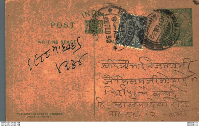 India Postal Stationery George V 1/2 A Mahoba cds Kalbadevi Bombay cds