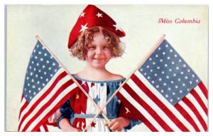 Early 1900s Miss Columbia, Young Girl with American Flags Patriotic Postcard