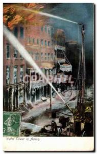 Old Postcard Firefighters Water tower in action