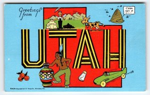 Greetings From Utah Postcard Map Copper Miner Beehive Cow Pottery Linen Kropp