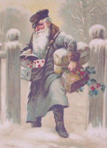 Santa Claus Blue Gray Robe Mailman Antique Vintage Christmas Postcard Germany
