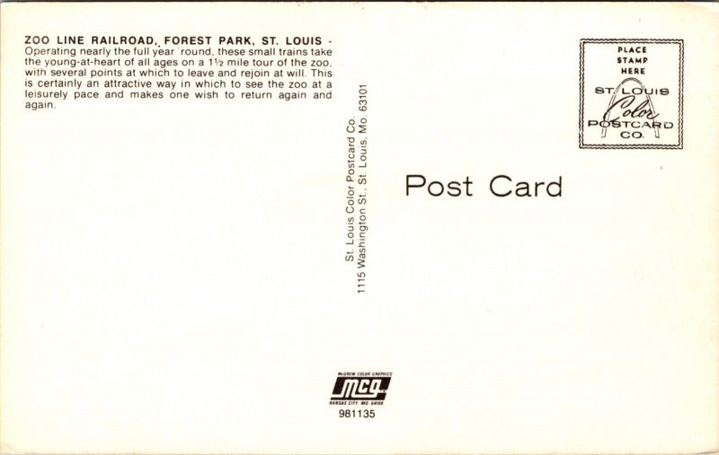 Postcard Zoo Line Railroad at Forest Park in St. Louis, Missouri