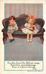 Romantic SHY BOY & GIRL With PUPPY Rudyard Kipling Poem Passage c1910's Postcard