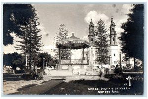 c1950's Kiosk Garden and Cathedral Zamora Michoacán Mexico RPPC Photo Postcard