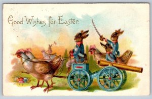 Anthropomorphic Rabbit Soldiers, Cannon, Chickens, 1908 Easter Wishes Postcard