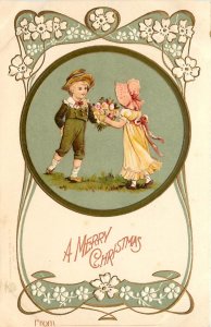 IAPC Embossed Christmas Postcard, Children in Art Nouveau Floral Vignette, UDB