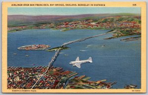 Vtg California CA Airliner Over San Francisco Bay Bridge Oakland 1930s Postcard