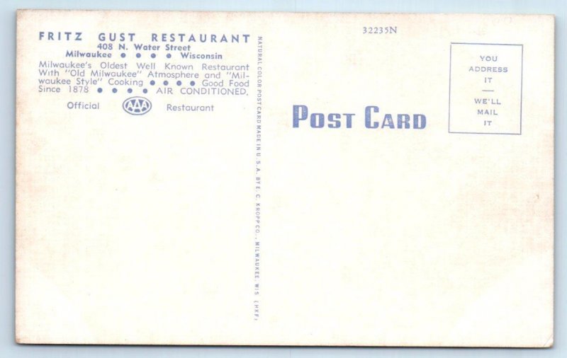 MILWAUKEE, Wisconsin WI ~ Roadside FRITZ GUST RESTAURANT c1940s  Postcard