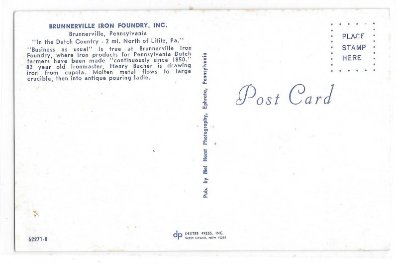 Brunnerville PA Iron Foundry Henry Bucher Ironmastser Vntg Mel Horst Postcard