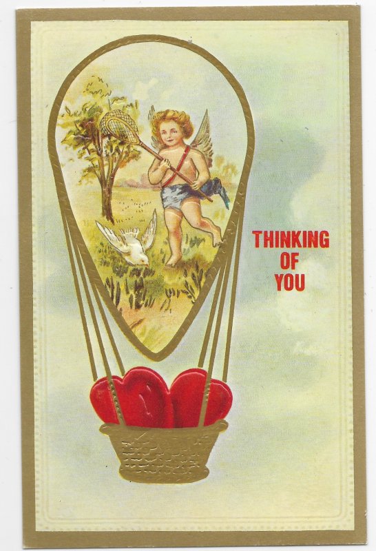 Cupid in Hot Air Balloon Thinking of You Valentine Two Hearts 1982