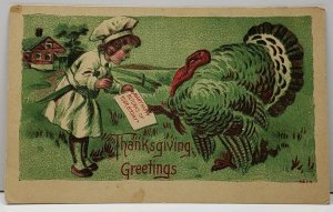 Thanksgiving Little Chef Giving Turkey a Birthday Card Postcard F12