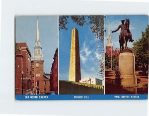 Postcard Old North Church, Bunker Hill, Paul Revere Statue Boston Massachusetts